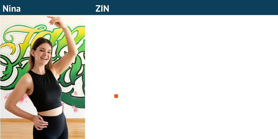 Nina                                ZIN   Hallo zusammen!   Mein Name ist Nina. Ich bin 18 Jahre alt und wohne seit je her in Halten (SO).   Wie alle andern des Teams gehört das Tanzen und Bewegen seit ich ein Kind   bin zu meiner Leidenschaft.   Auch ich besuchte seit einigen Jahren die Zumba Fitness Lektionen im   Tanzraum15 und habe im September 2019 den Schritt gewagt, mich als   Instruktorin ausbilden zu lassen.    Ich freue mich darauf, dich in meiner Zumba Lektion begrüssen zu   dürfen.                                               Bis bald! 